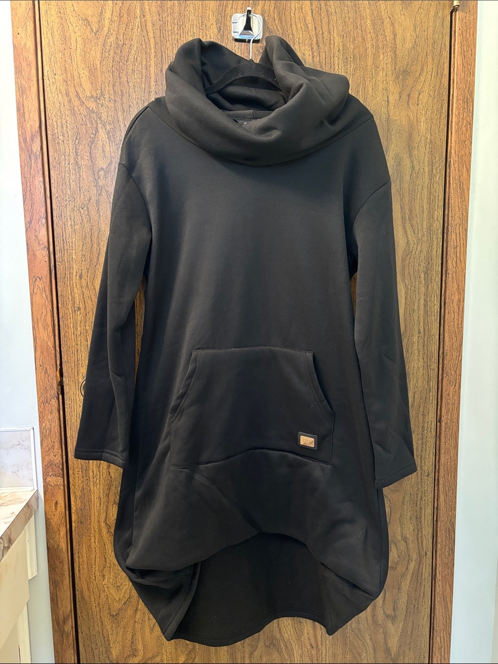 Cozy Black Cowl-Neck Sweater Tunic with Front Pocket